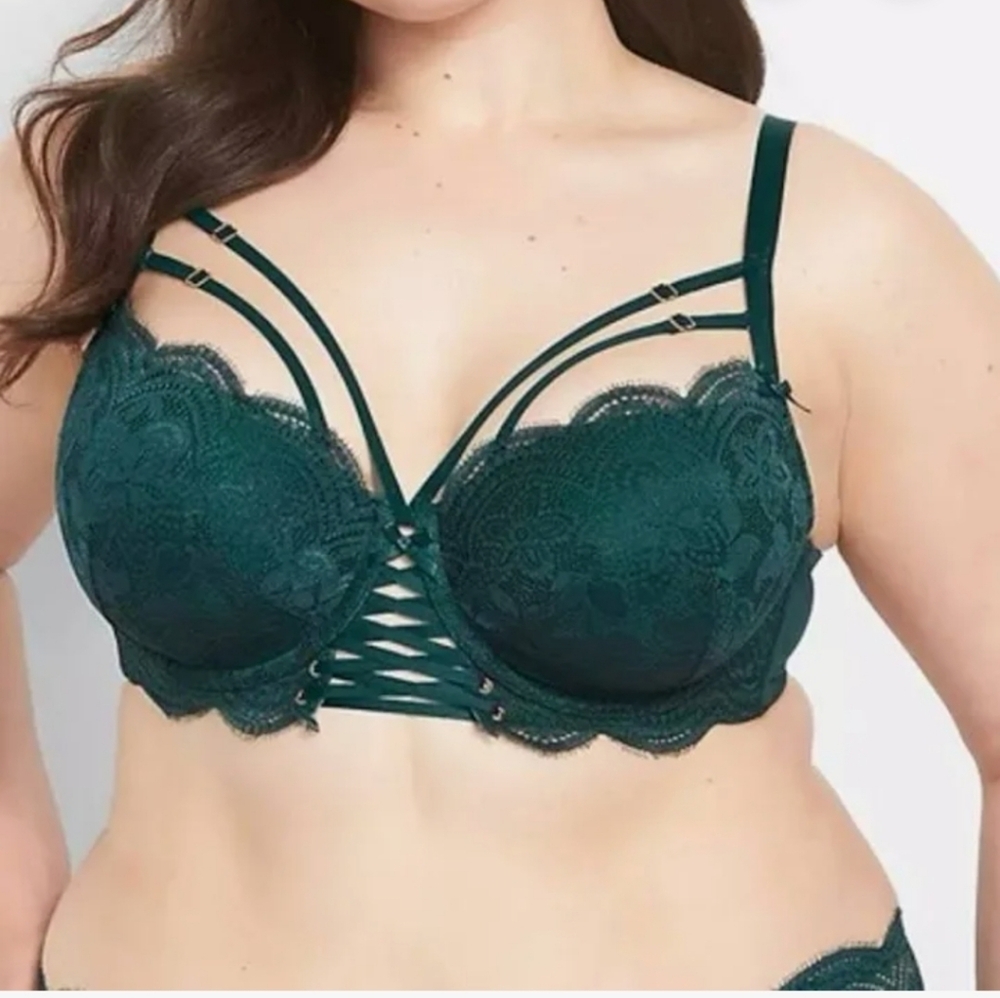 Cacique Forest Green Lace Boost Balconette Bra with Matching Strappy Hipsters - Picture 3 of 11